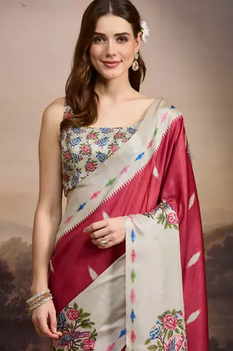 red beautiful partywear ready to wear designer printed saree