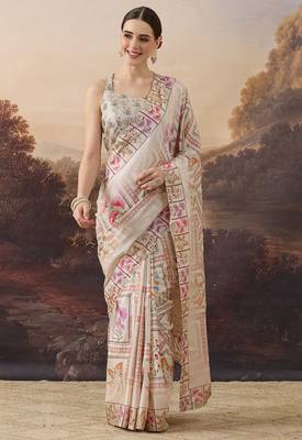 beige beautiful partywear ready to wear designer printed saree 1