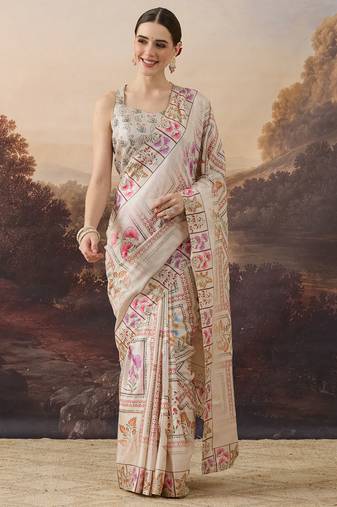 beige beautiful partywear ready to wear designer printed saree