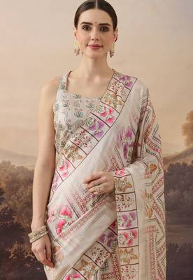 beige beautiful partywear ready to wear designer printed saree 3