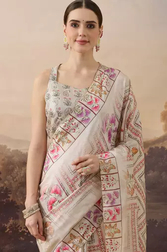beige beautiful partywear ready to wear designer printed saree