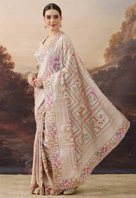 beige beautiful partywear ready to wear designer printed saree 4