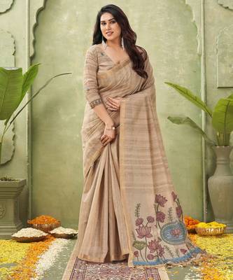 beige ghicha cotton blend fabric beautiful woven designer ethnic saree 1