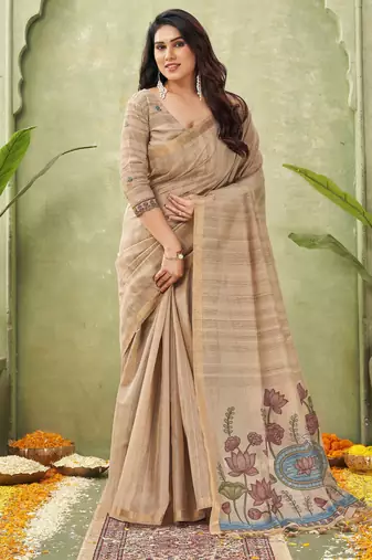 beige ghicha cotton blend fabric beautiful woven designer ethnic saree