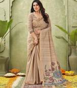 beige ghicha cotton blend fabric beautiful woven designer ethnic saree