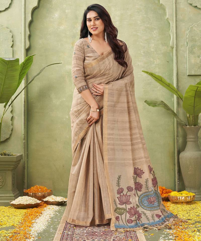 beige ghicha cotton blend fabric beautiful woven designer ethnic saree