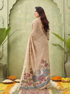 beige ghicha cotton blend fabric beautiful woven designer ethnic saree 2