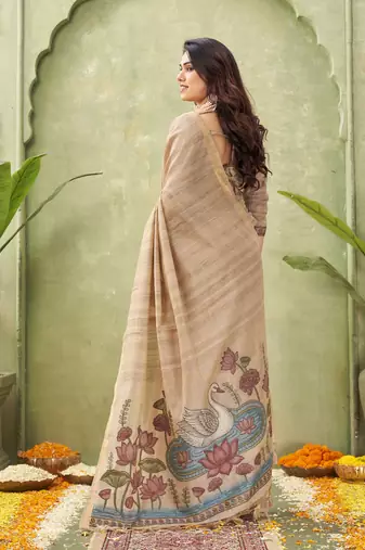 beige ghicha cotton blend fabric beautiful woven designer ethnic saree