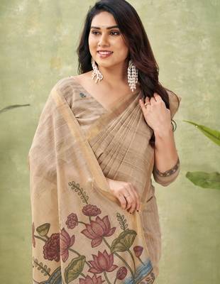 beige ghicha cotton blend fabric beautiful woven designer ethnic saree 3