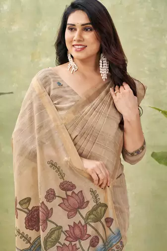 beige ghicha cotton blend fabric beautiful woven designer ethnic saree