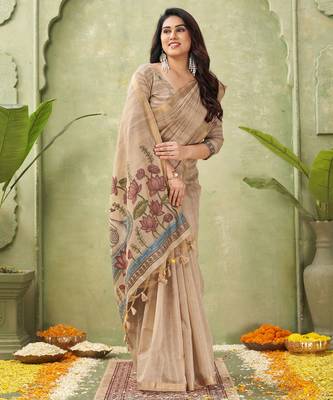 beige ghicha cotton blend fabric beautiful woven designer ethnic saree 4