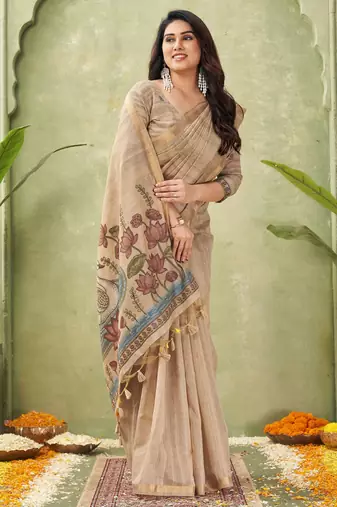 beige ghicha cotton blend fabric beautiful woven designer ethnic saree