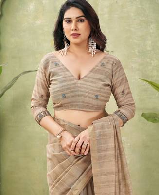 beige ghicha cotton blend fabric beautiful woven designer ethnic saree 5