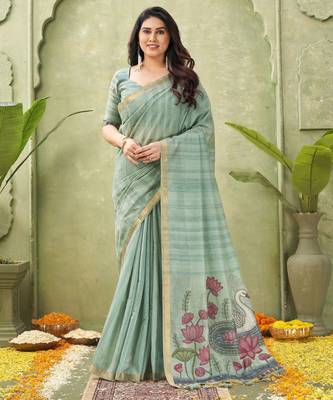 grey ghicha cotton blend fabric beautiful woven designer ethnic saree 1