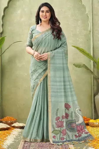 grey ghicha cotton blend fabric beautiful woven designer ethnic saree