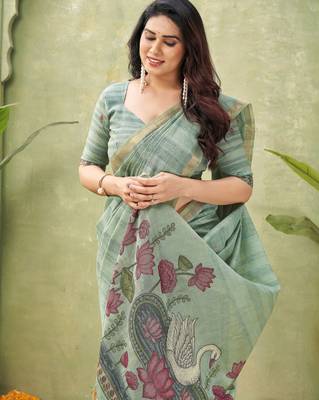 grey ghicha cotton blend fabric beautiful woven designer ethnic saree 3