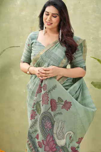 grey ghicha cotton blend fabric beautiful woven designer ethnic saree