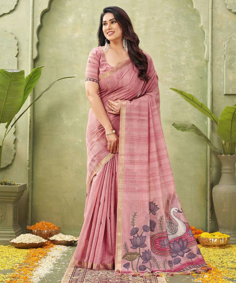 pink ghicha cotton blend fabric beautiful woven designer ethnic saree