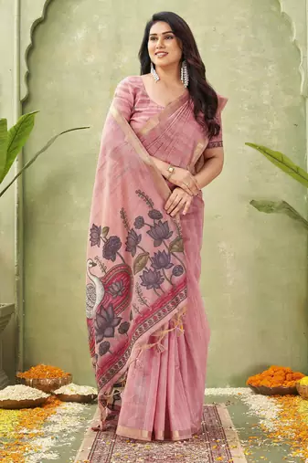 pink ghicha cotton blend fabric beautiful woven designer ethnic saree