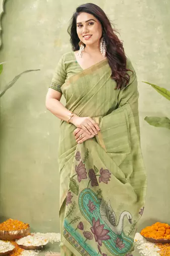 green ghicha cotton blend fabric beautiful woven designer ethnic saree
