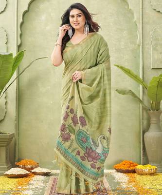 green ghicha cotton blend fabric beautiful woven designer ethnic saree 4