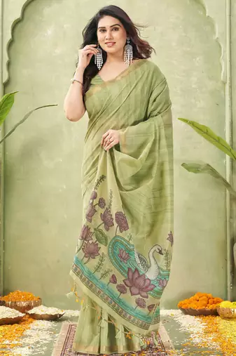 green ghicha cotton blend fabric beautiful woven designer ethnic saree
