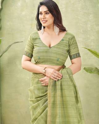 green ghicha cotton blend fabric beautiful woven designer ethnic saree 5