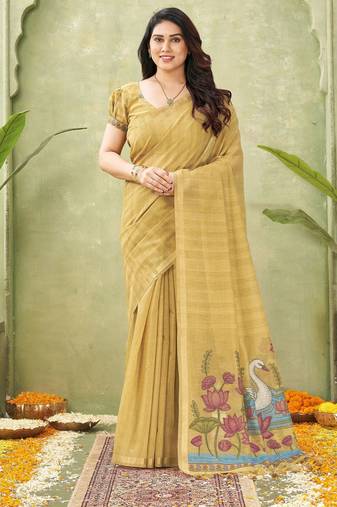 mustard ghicha cotton blend fabric beautiful woven designer ethnic saree