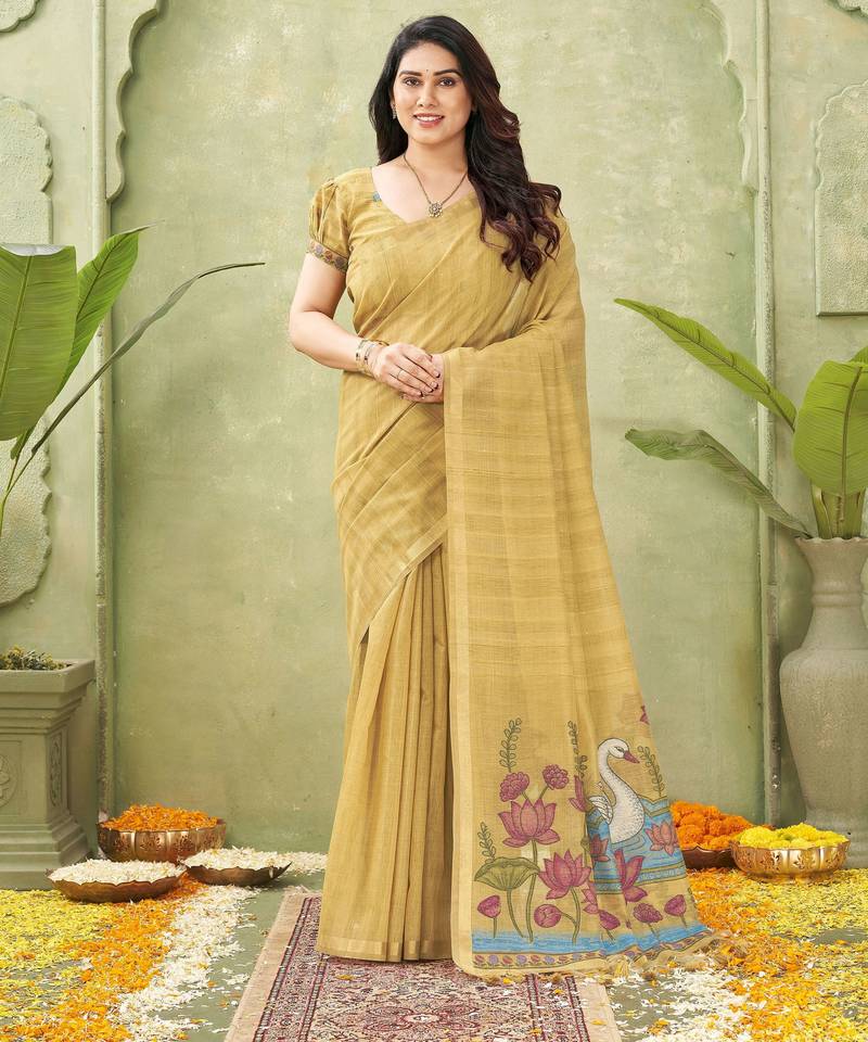 mustard ghicha cotton blend fabric beautiful woven designer ethnic saree