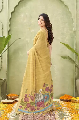 mustard ghicha cotton blend fabric beautiful woven designer ethnic saree