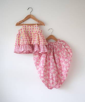Pink hand block printed cotton top and dhoti set 1