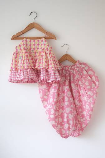 Pink hand block printed cotton top and dhoti set