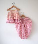 Pink hand block printed cotton top and dhoti set