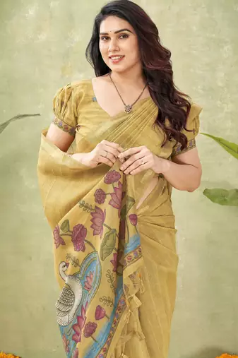 mustard ghicha cotton blend fabric beautiful woven designer ethnic saree