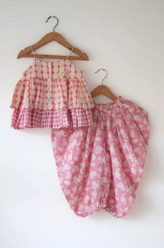 Pink hand block printed cotton top and dhoti set