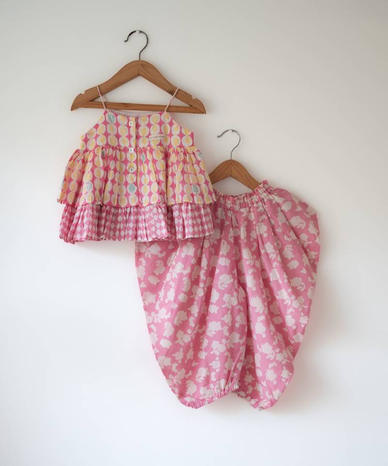 Pink hand block printed cotton top and dhoti set