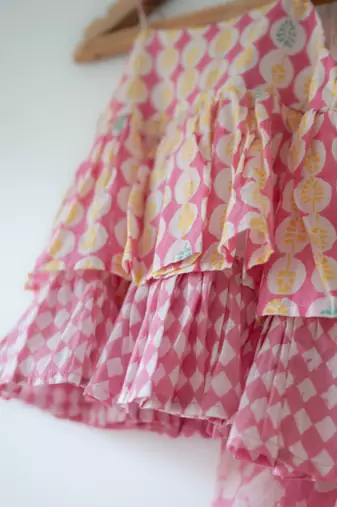 Pink hand block printed cotton top and dhoti set