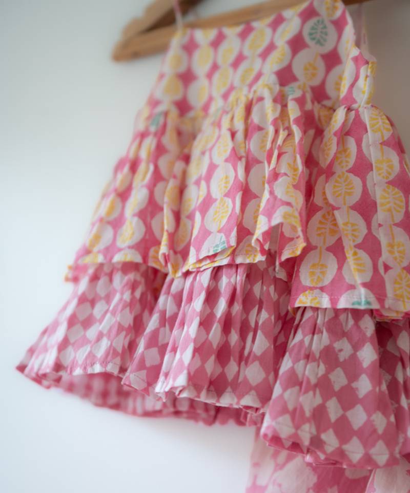Pink hand block printed cotton top and dhoti set
