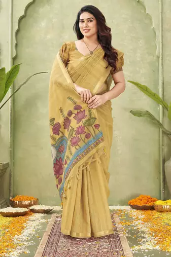 mustard ghicha cotton blend fabric beautiful woven designer ethnic saree