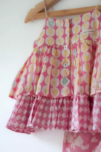 Pink hand block printed cotton top and dhoti set