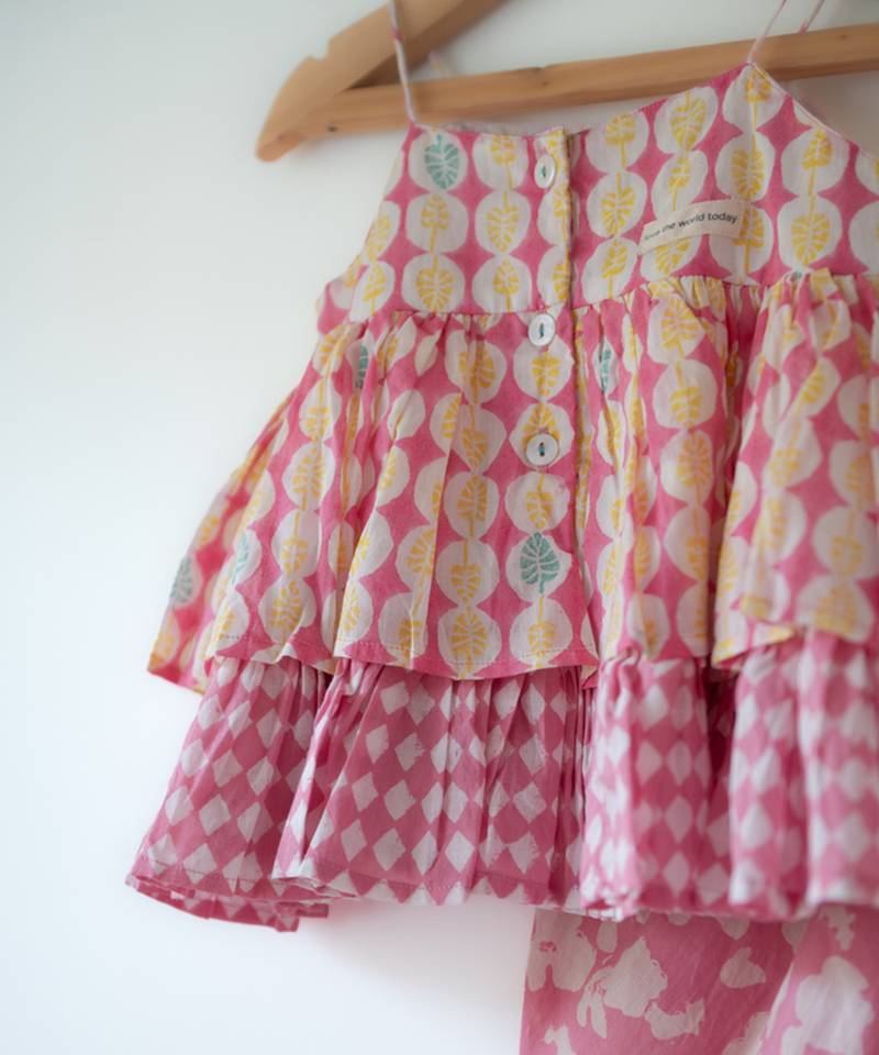 Pink hand block printed cotton top and dhoti set