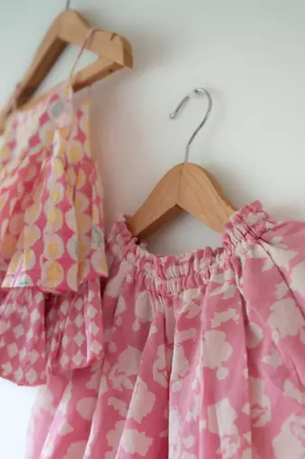 Pink hand block printed cotton top and dhoti set