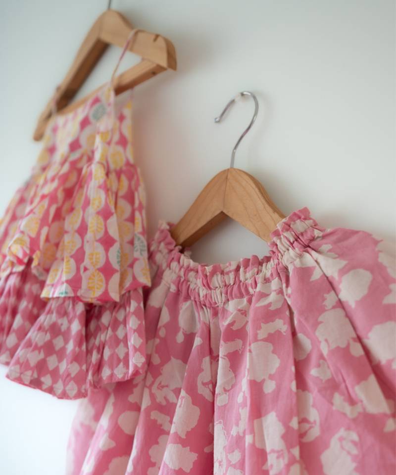 Pink hand block printed cotton top and dhoti set