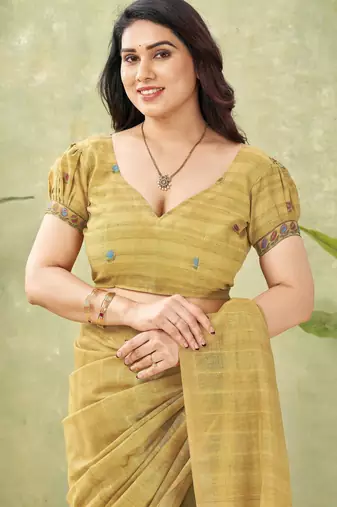 mustard ghicha cotton blend fabric beautiful woven designer ethnic saree