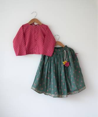 Green and magenta pink hand block printed cotton lehenga set 1