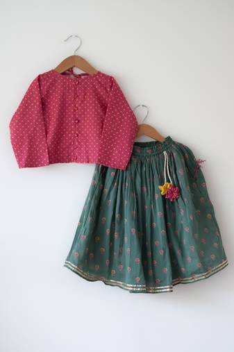 Green and magenta pink hand block printed cotton lehenga set