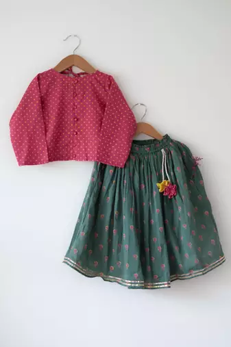 Green and magenta pink hand block printed cotton lehenga set