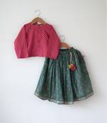 Green and magenta pink hand block printed cotton lehenga set