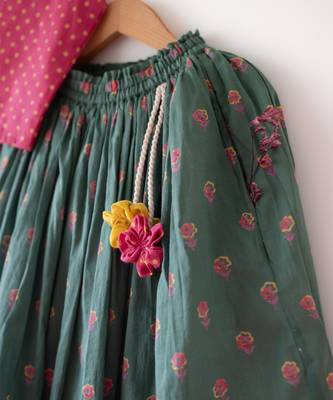 Green and magenta pink hand block printed cotton lehenga set 2