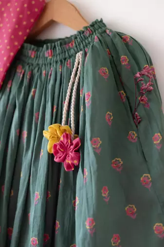 Green and magenta pink hand block printed cotton lehenga set